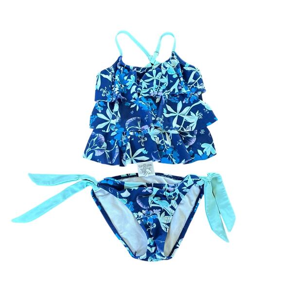 Wave Zone Girls Bikini Swimsuit Size XS 4/5 Blue Green Floral Ruffle - Picture 1 of 4